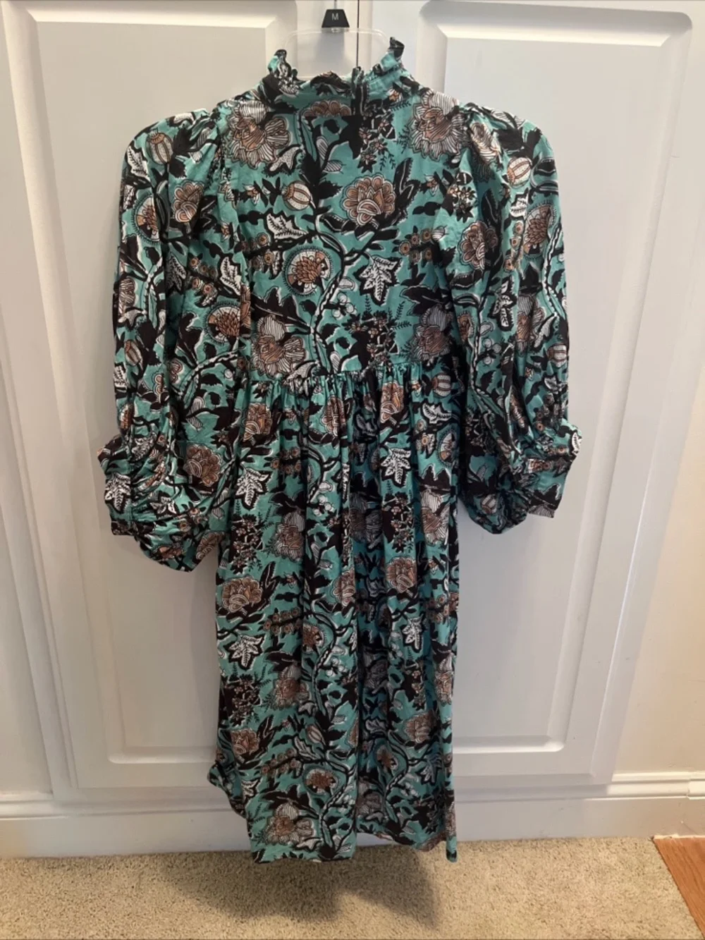 Never A Wallflower High Neck Blue Floral Poplin Cotton Dress XS Puff Sleeves
